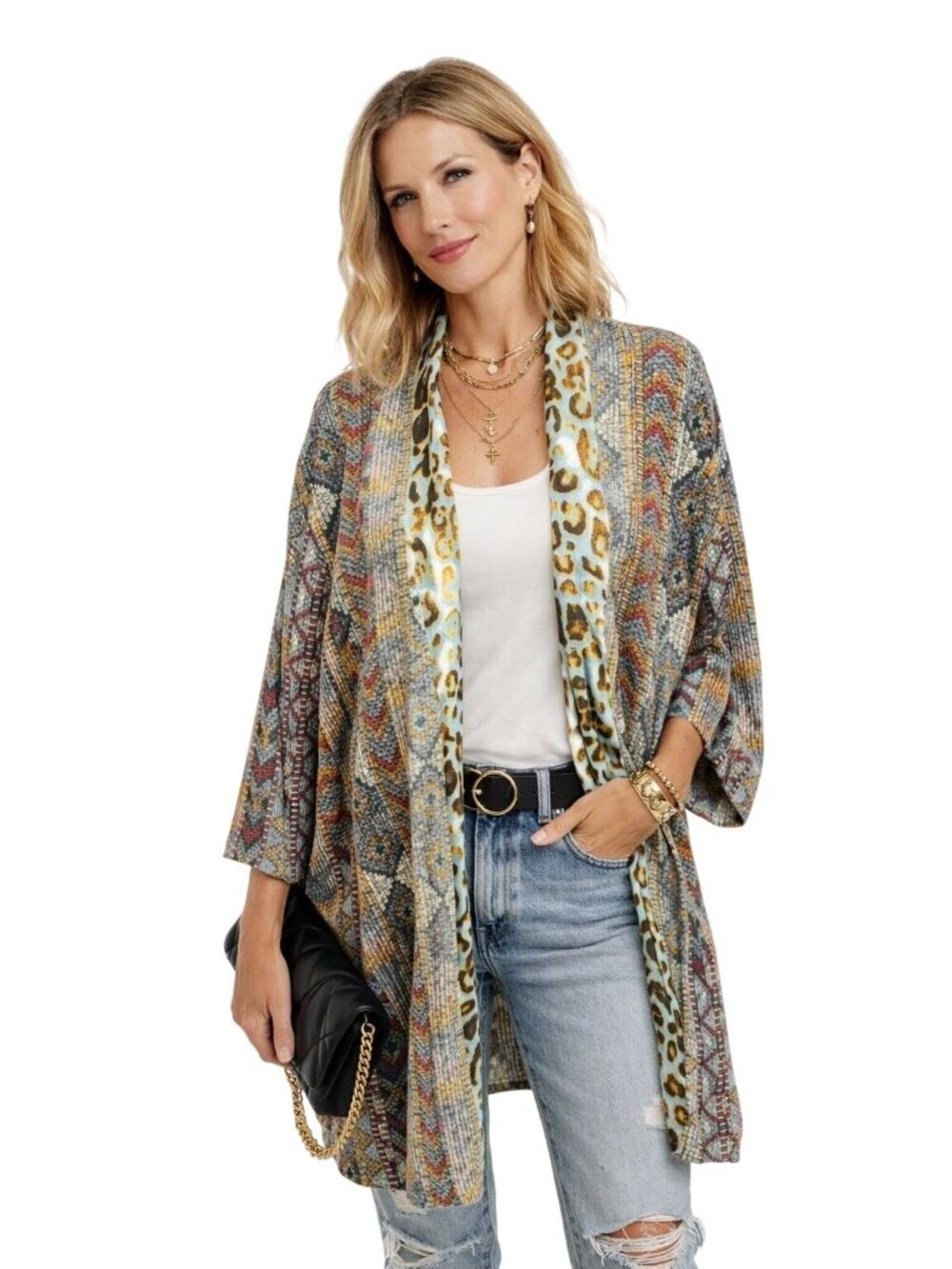 Turquois Brown Reversible Open Kimono Cardigan Jacket Embroidered Boho Indie